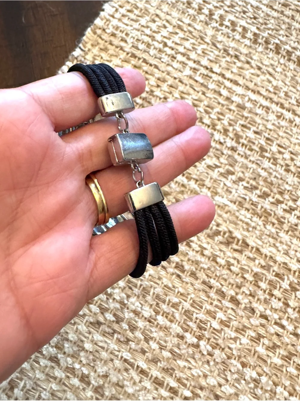 Chico’s Black Cord Silver Tone Rhinestone Triple Strand Bracelet Edgy Mondenist